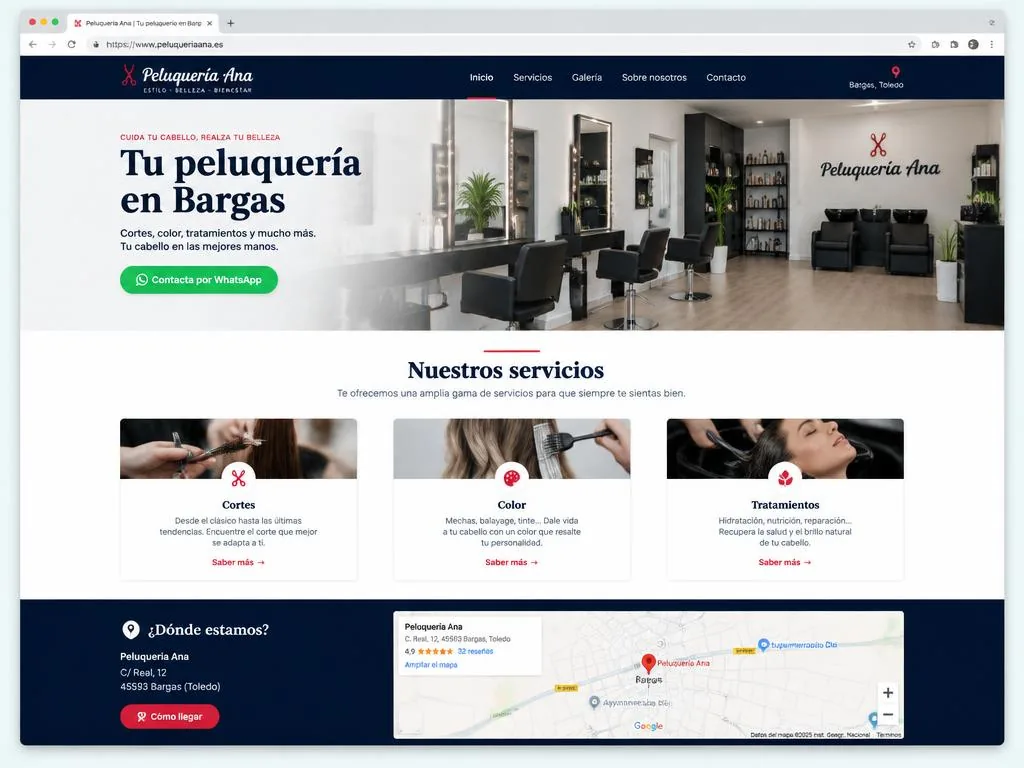 Ejemplo de diseño web para un negocio local: página de una peluquería con botón de WhatsApp y mapa